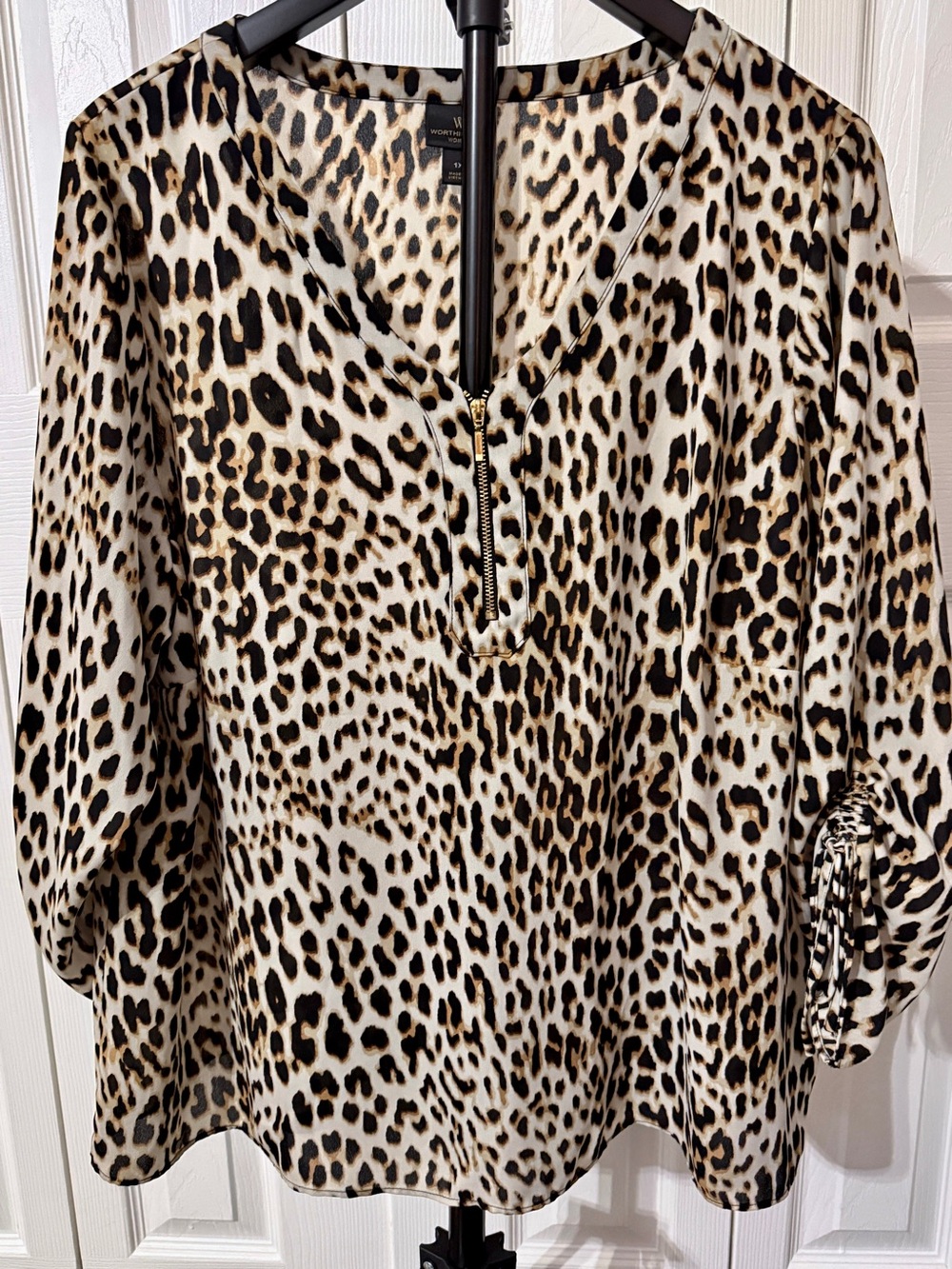 Worthington Leopard Print Zip 3/4 length sleeve blouse - Black & Tan